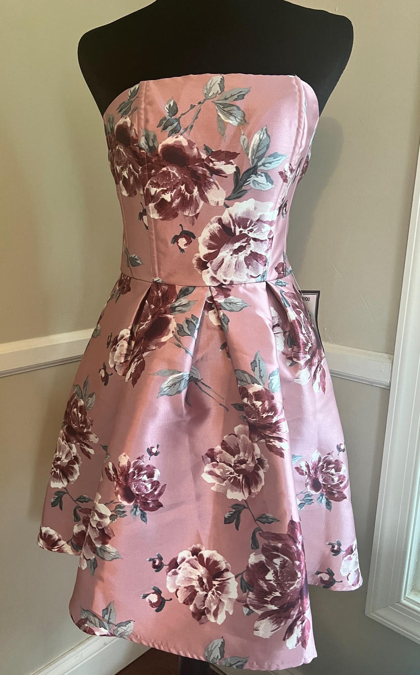 Speechless Teens Mini Dress Pink Floral Mauve Wine Size 5 Strapless Fit Flare